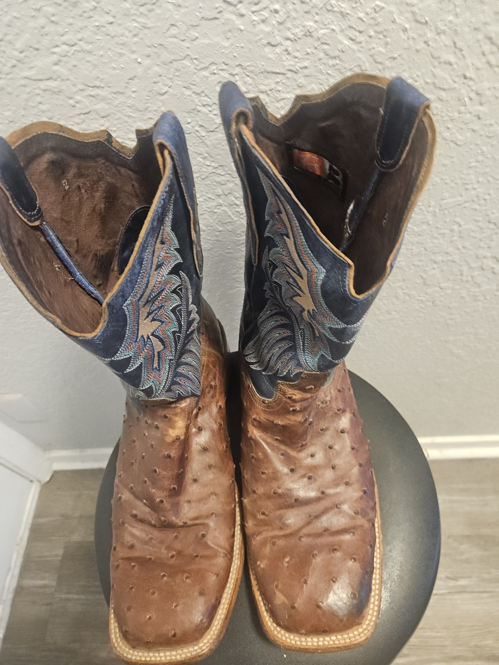 Tony Lama Brown Ostrich Leather with Blue Embroidered Shaft Cowboy Boots - Picture 5 of 9
